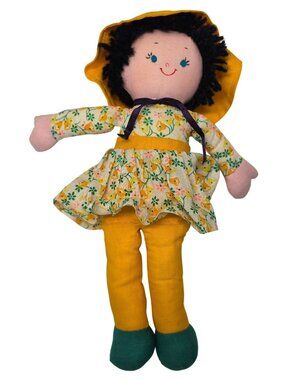 Vintage 1970s Cloth Rag Doll Sunbonnet Yarn Hair Floral Dress 10.5"